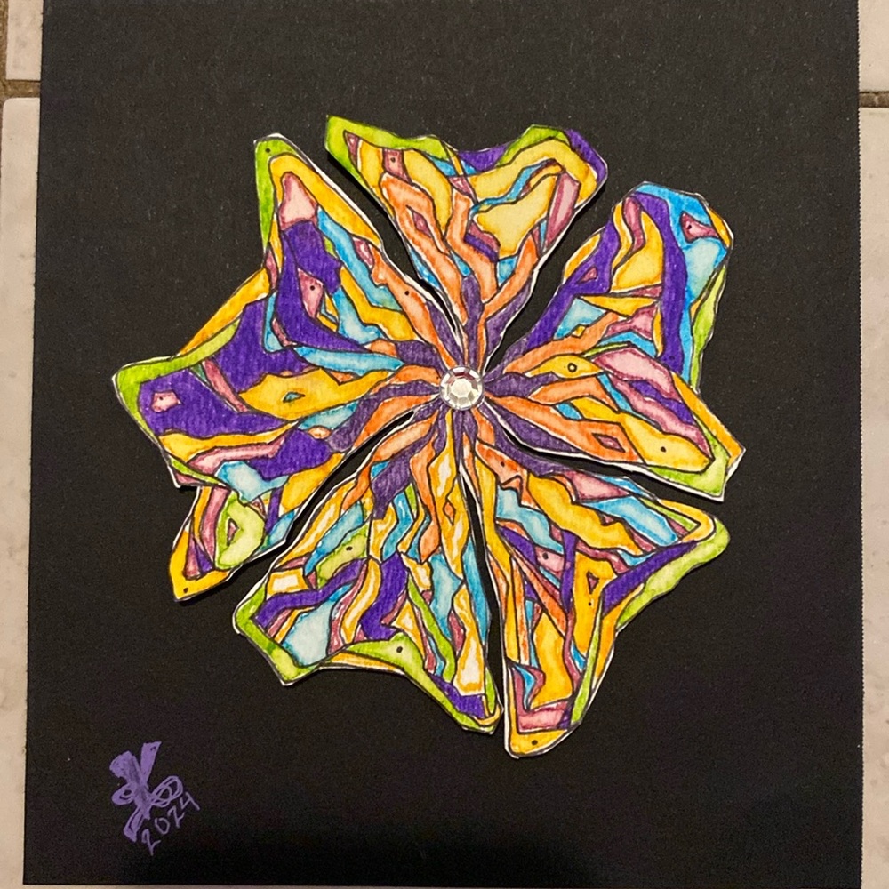 Unframed Original Art Watercolour & Ink Flower w Crystal Centre on Black Paper